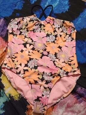 wonder nation Pink and Black Floral One-Piece Swimsuit